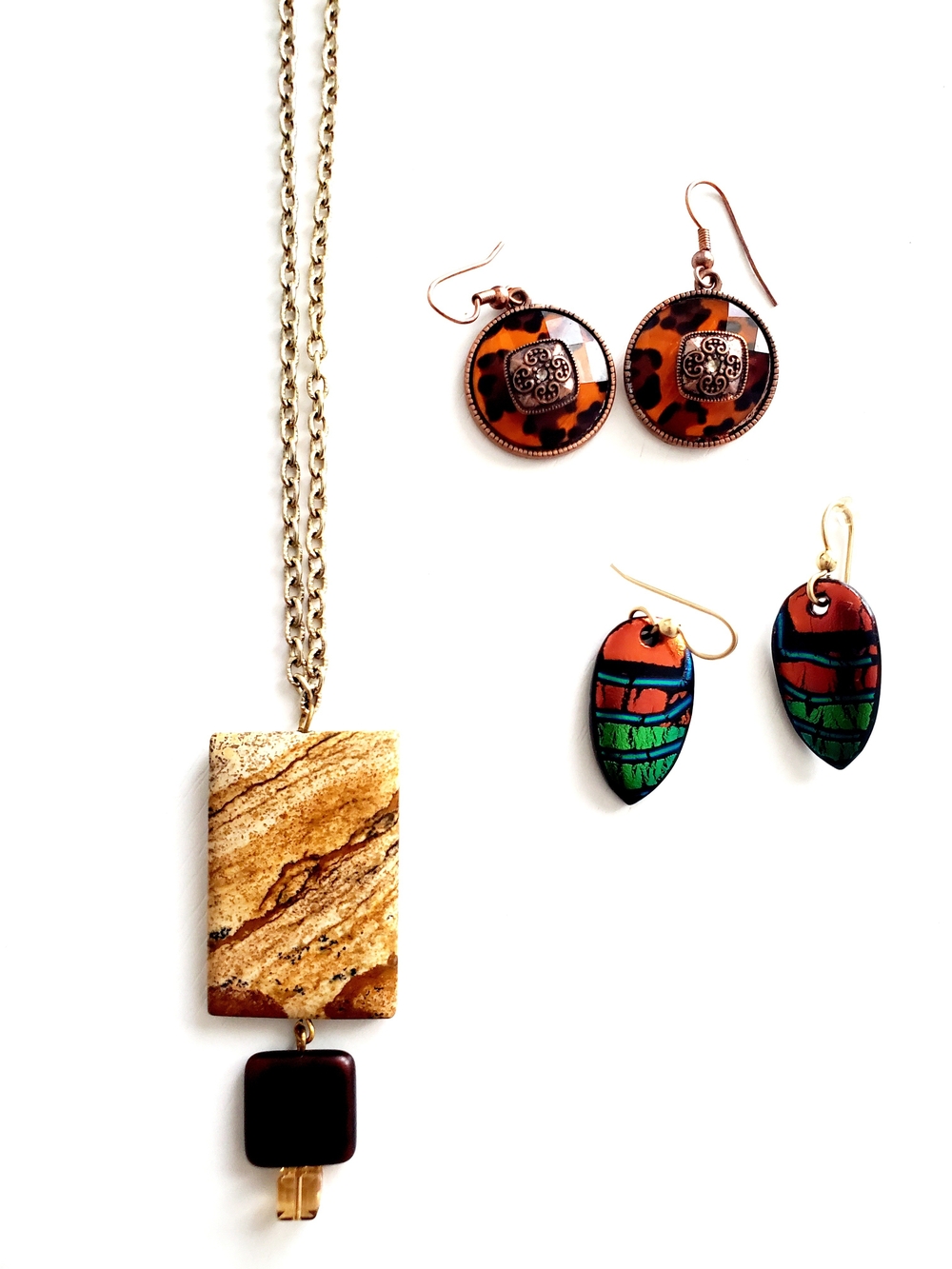 Handmade Brown & Green Stone Pendant Necklace with Colorful Drop Earrings